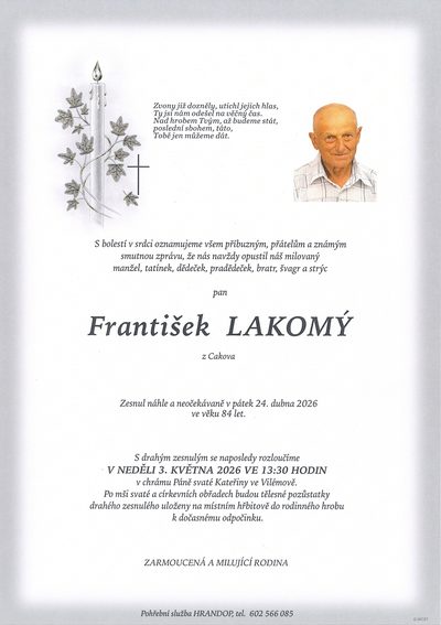 Smuteční oznámení – František Lakomý
