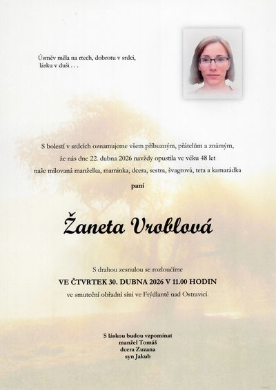 Smuteční oznámení – Žaneta Vroblová