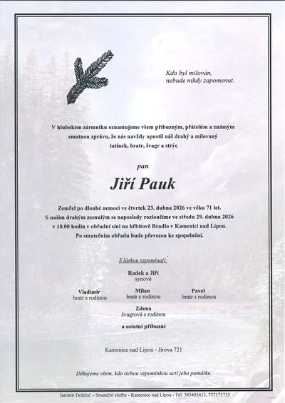 Smuteční oznámení – Jiří Pauk