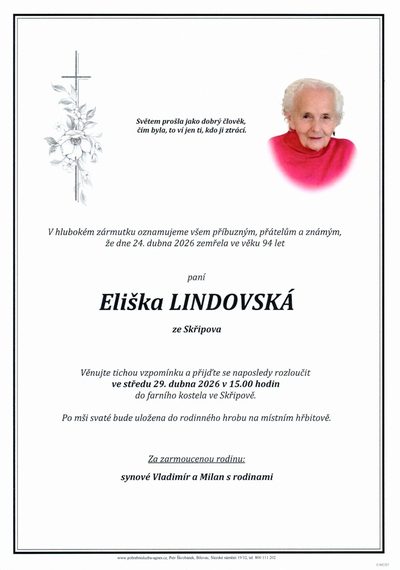 Smuteční oznámení – Eliška Lindovská
