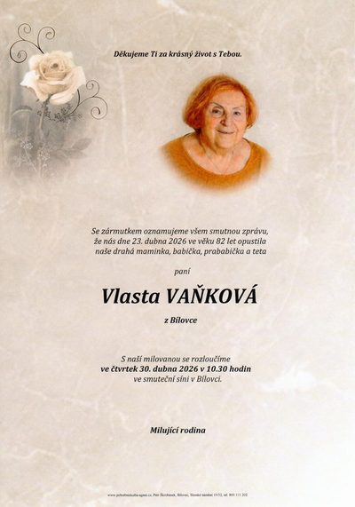 Smuteční oznámení – Vlasta Vaňková