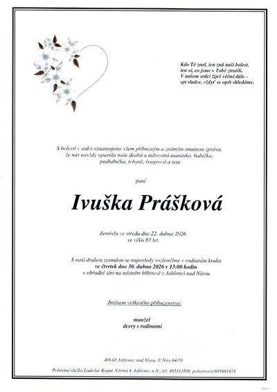 Smuteční oznámení – Ivuška Prášková