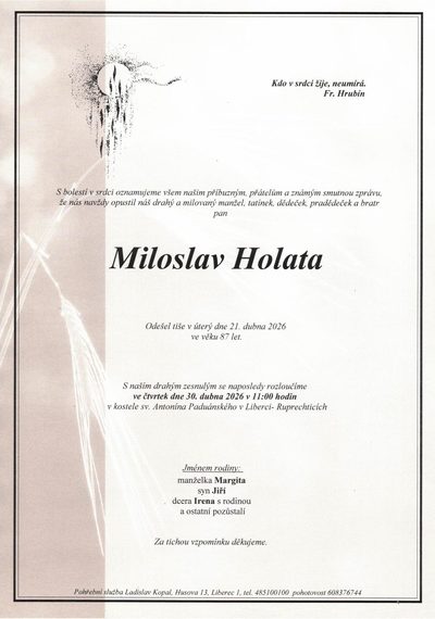Smuteční oznámení – Miloslav Holata