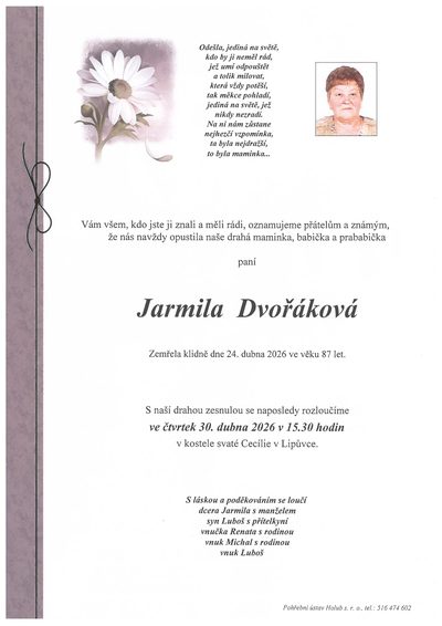 Smuteční oznámení – Jarmila Dvořáková