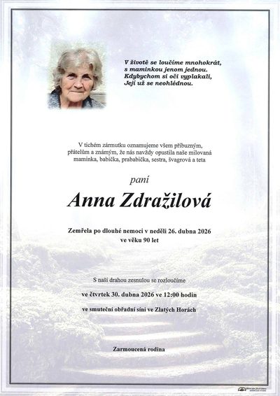 Smuteční oznámení – Anna Zdražilová