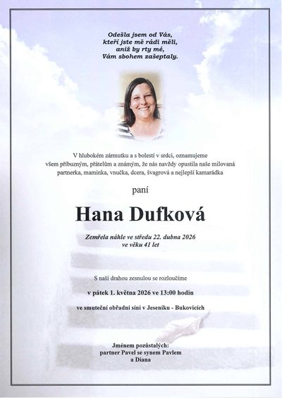 Smuteční oznámení – Hana Dufková