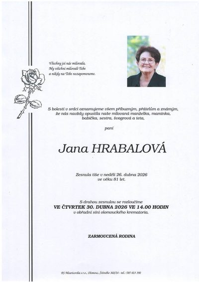 Smuteční oznámení – Jana Hrabalová