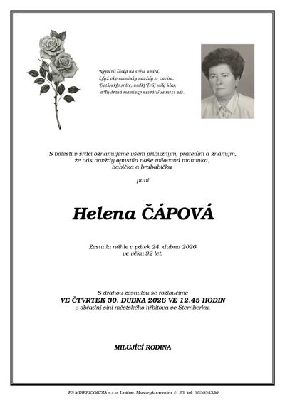 Smuteční oznámení – Helena Čápová