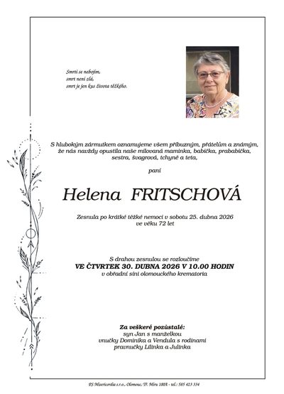 Smuteční oznámení – Helena Fritschová