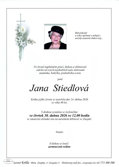 Smuteční oznámení – Jana Stiedlová