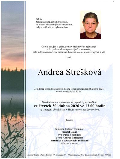 Smuteční oznámení – Andrea Strešková