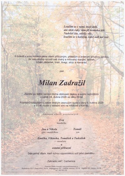 Smuteční oznámení – Zemřel Zadražil