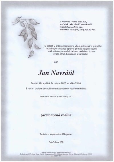 Smuteční oznámení – Jan Navrátil