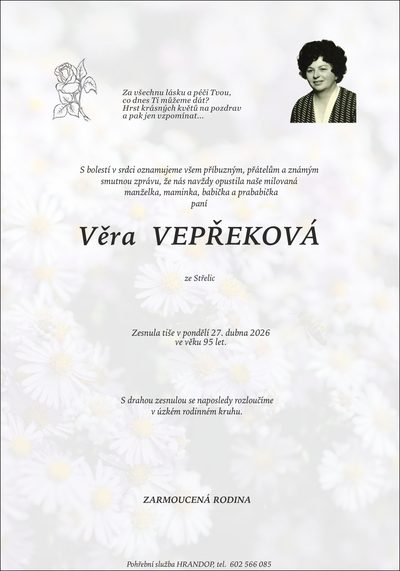 Smuteční oznámení – Věra Vepřeková