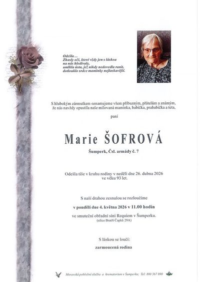 Smuteční oznámení – Marie Šofrová