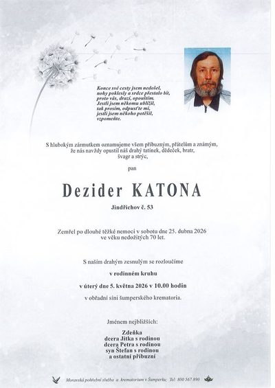 Smuteční oznámení – Dezider Katona