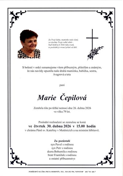Smuteční oznámení – Marie Cepilová