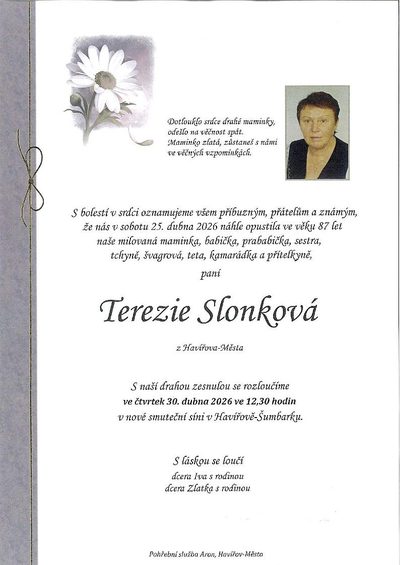 Smuteční oznámení – Terezie Slonková