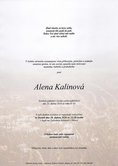Smuteční oznámení – Alena Kalinová