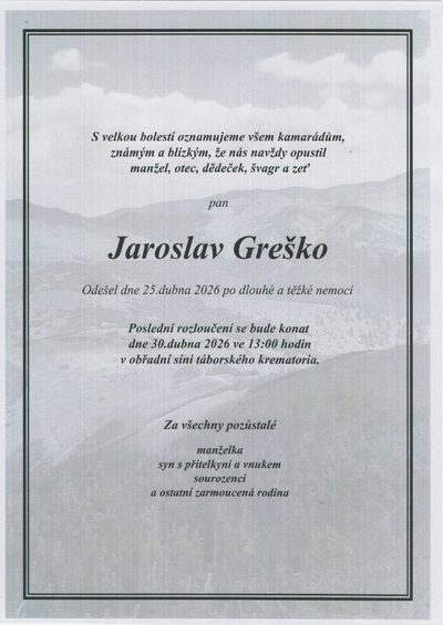 Smuteční oznámení – Jaroslav Greško