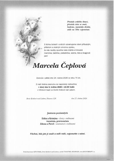 Smuteční oznámení – Marcela Čeplová