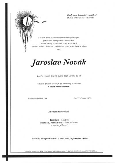 Smuteční oznámení – Jaroslav Novák