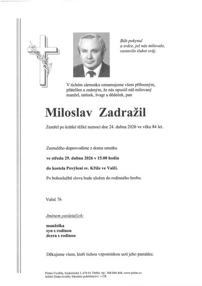 Smuteční oznámení – Miloslav Zadražil