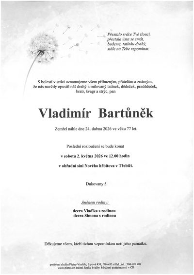 Smuteční oznámení – Vladimír Bartůněk