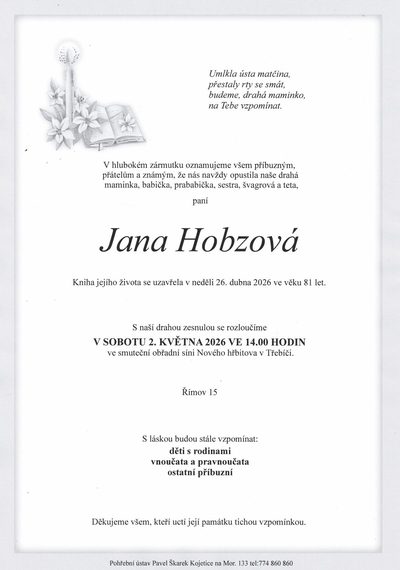 Smuteční oznámení – Jana Hobzová