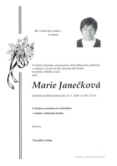 Smuteční oznámení – Marie Janečková