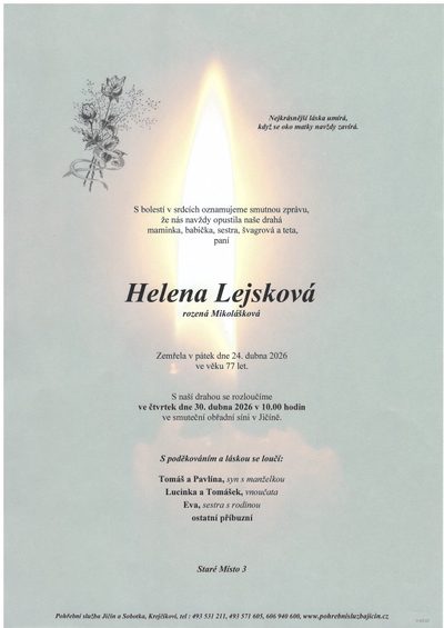 Smuteční oznámení – Helena Lejsková