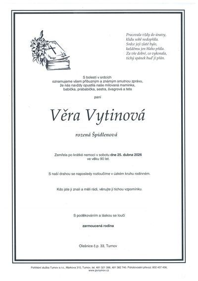 Smuteční oznámení – Věra Vytinová