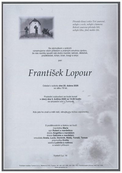 Smuteční oznámení – František Lopour