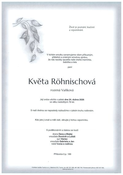 Smuteční oznámení – Květa Rohnischová