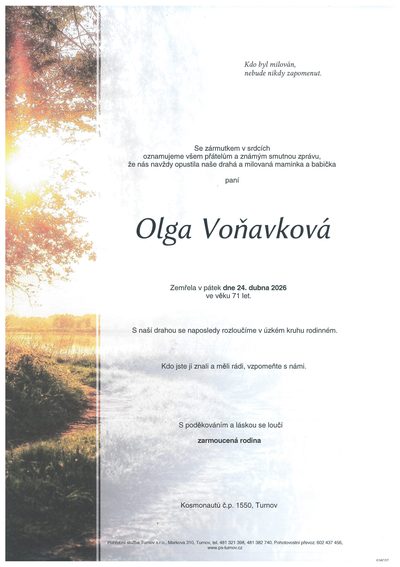 Smuteční oznámení – Olga Voňavková