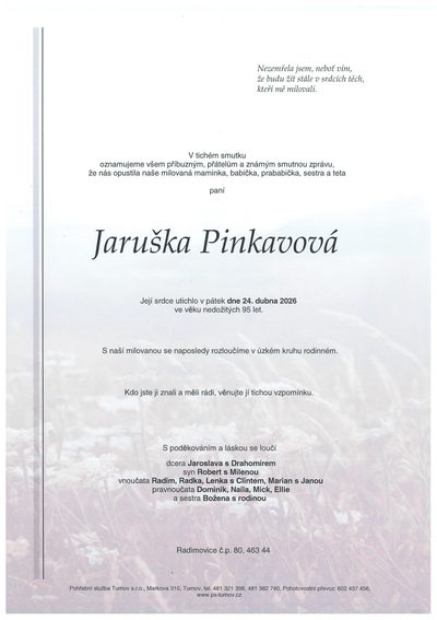 Smuteční oznámení – Jaruška Pinkavová