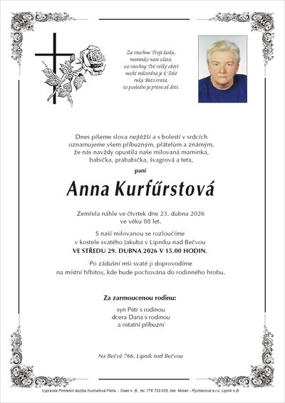 Smuteční oznámení – Anna Kurfúrstová