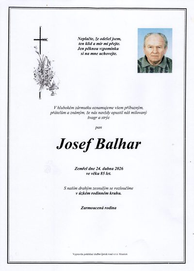 Smuteční oznámení – Josef Balhar