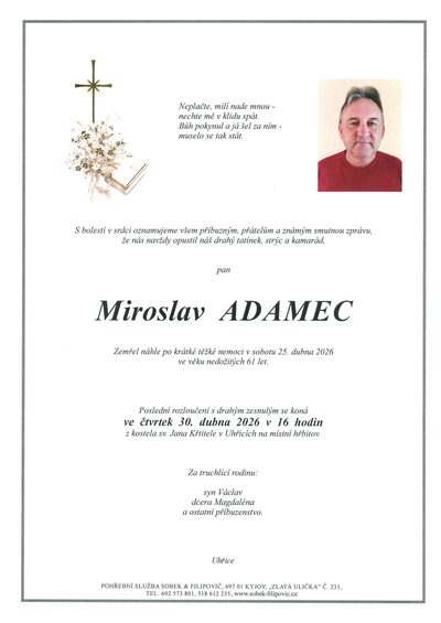 Smuteční oznámení – Miroslav Adamec