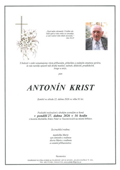 Smuteční oznámení – Antonín Krist