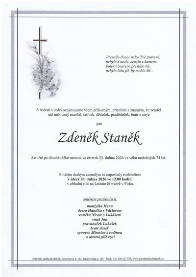 Smuteční oznámení – Zdeněk Staněk