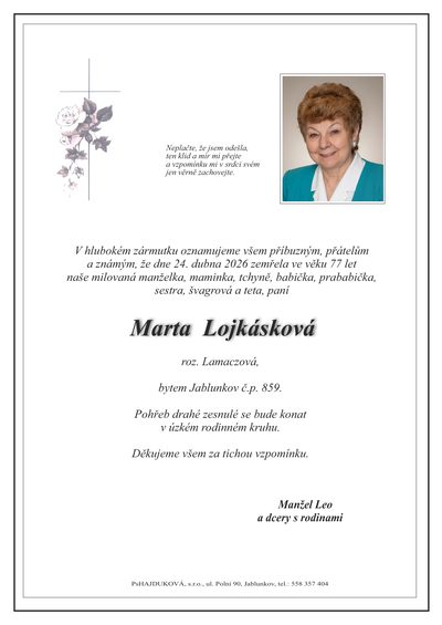 Smuteční oznámení – Marta Lojkásková