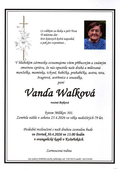 Smuteční oznámení – Vanda Walková