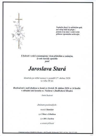 Smuteční oznámení – Jaroslava Stará