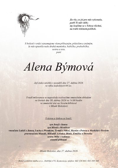 Smuteční oznámení – Alena Býmová