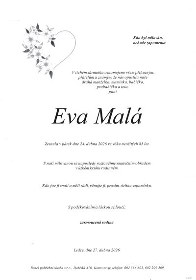 Smuteční oznámení – Eva Mala