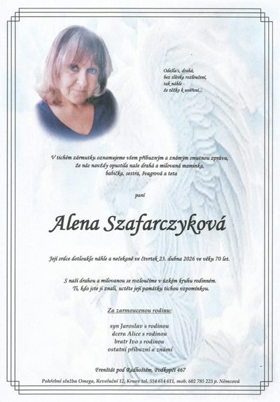 Smuteční oznámení – Alena Szafarczyková