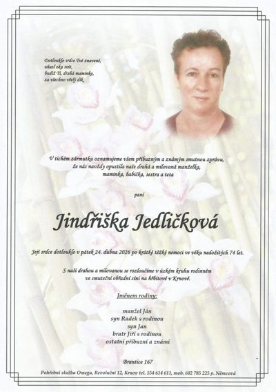 Smuteční oznámení – Jindřiška Jedličková