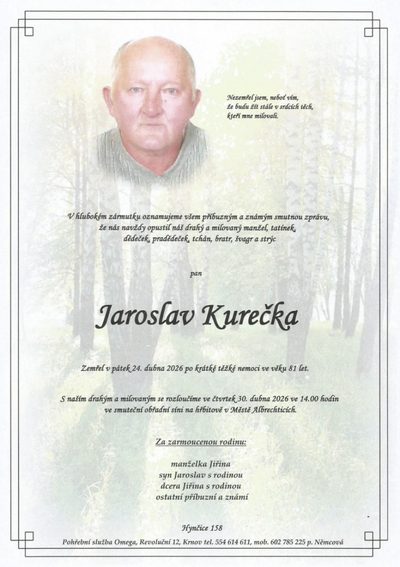 Smuteční oznámení – Jaroslav Kurečka