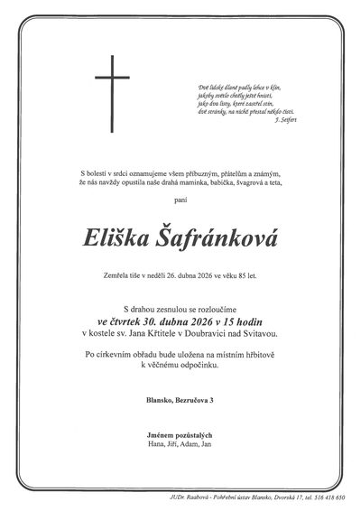 Smuteční oznámení – Eliška Šafránková